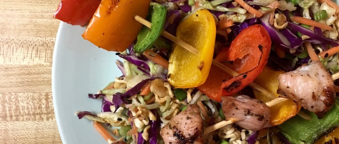 Smithfield Marinated Fresh Pork - Skewers over Ramen Salad