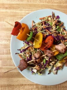 Smithfield Marinated Fresh Pork - Skewers over Ramen Salad